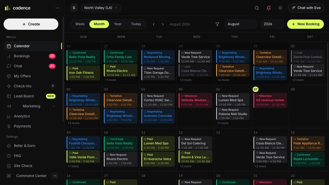 Cadence booking and deal desk — a lime-accented calendar, sales pipeline, activity feed, and quick actions in one dashboard