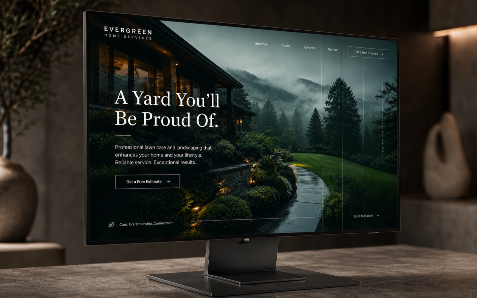 EverGreen Home Services website on a desktop monitor — misted forest hero with 'A Yard You'll Be Proud Of' and a free-estimate call to action